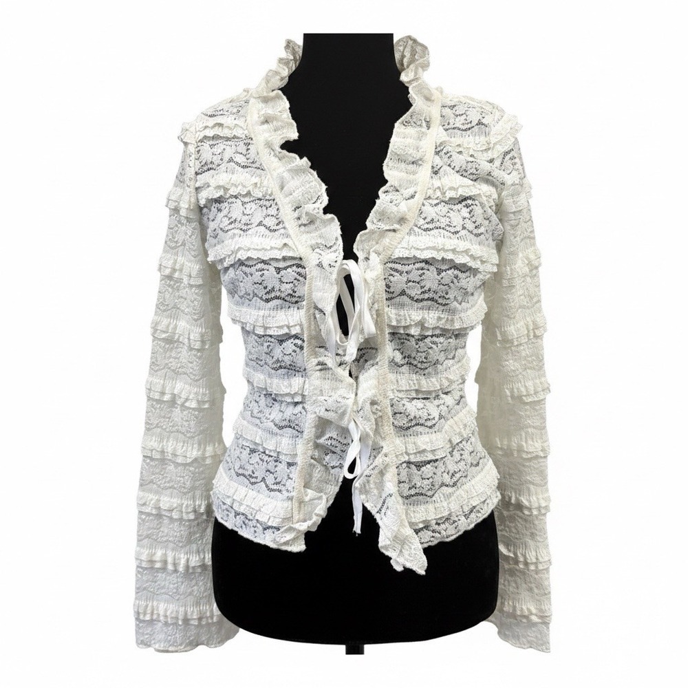 Ivory Lace Ruffle Cardigan Top Women Medium Tie Front Coquette Coachella Whimsy
